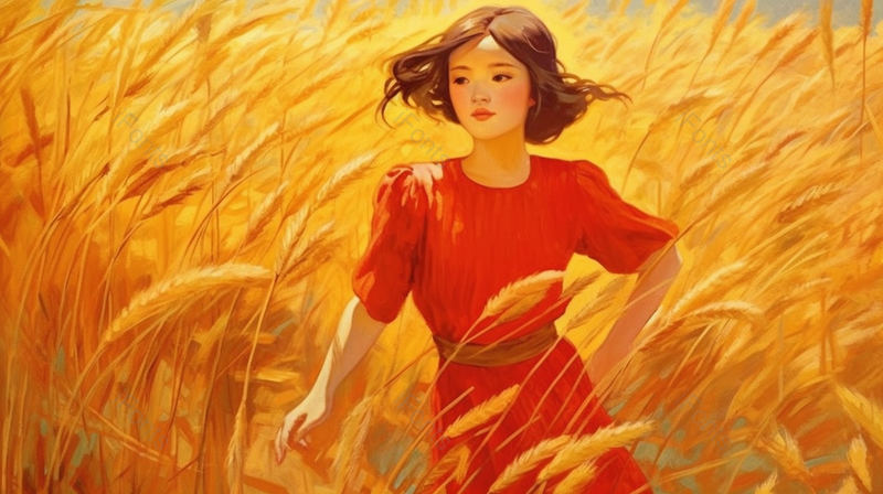 红衣服女孩可爱芒种秋分秋季稻田麦田麦穗丰收秋收金色插画,插画/手绘图,插画/手绘图库,插画/手绘图下载,插画/手绘